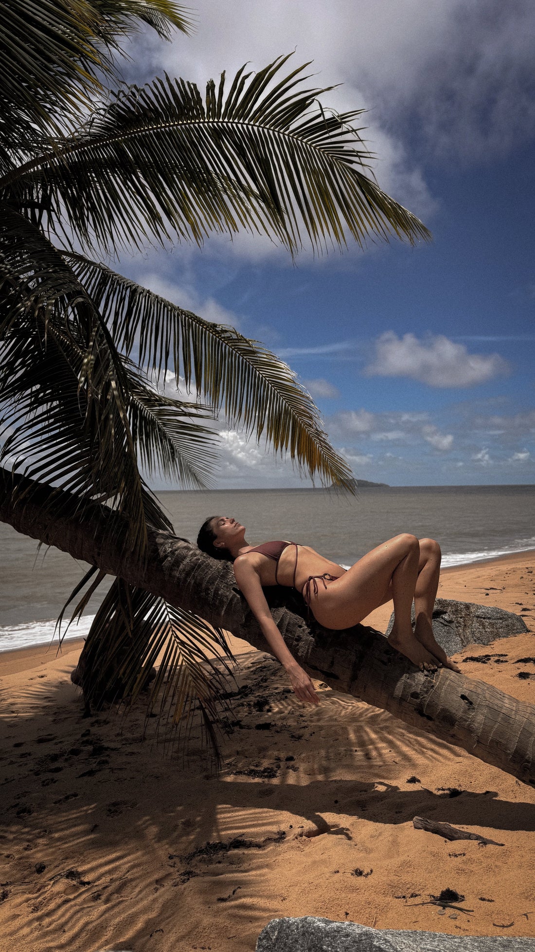 Femme allongée sur un cocotier en maillot de bain échancré Culs Salés, plage tropicale, ambiance sauvage et inspirée de voyages.